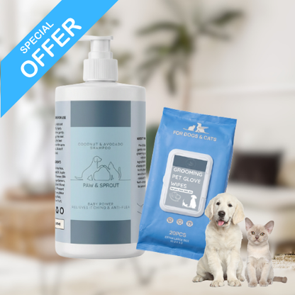 Coconut anti-flea dog shampoo with grooming glove wipes bundle